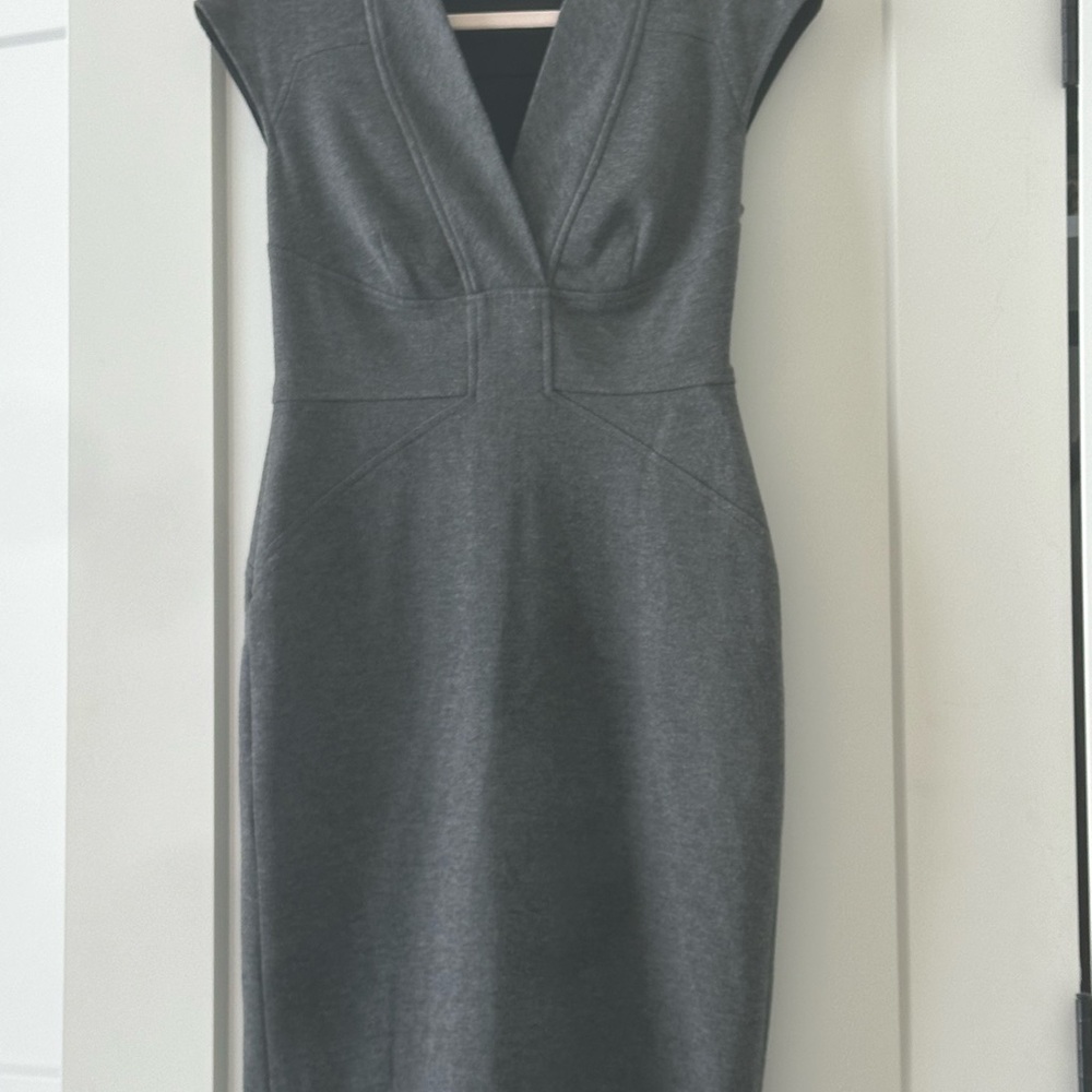 Cache Gray Sheath Midi Dress with V-Neck